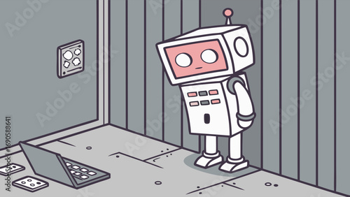 A melancholic robot contemplating technology in a stark minimalist setting