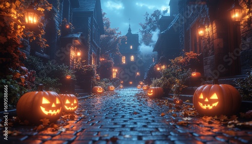 Spooky Halloween street decorated with pumpkins and lanterns