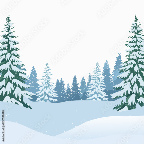 Snowy forest with snowdrifts and snow-covered spruce branches