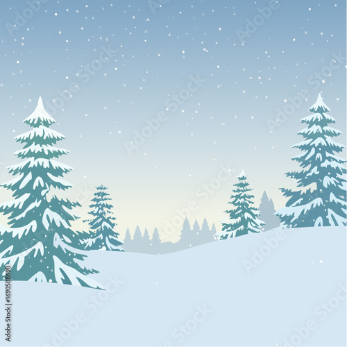 Snowy forest with snowdrifts and snow-covered spruce branches