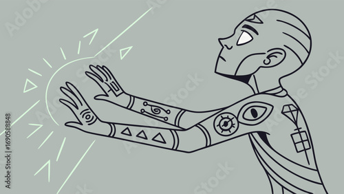 Bald Figure with Tribal Tattoos Reaching for Ethereal Light