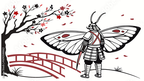 Butterflywinged Samurai Warrior with Sword near Bridge and Blossoming Tree