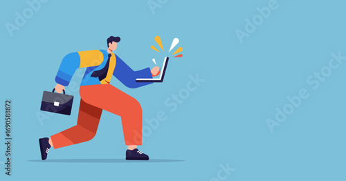 Dynamic businessperson running quickly with a laptop and briefcase, symbolizing speed, innovation, and efficiency in modern work. Ideal for technology, business, or lifestyle concepts.
