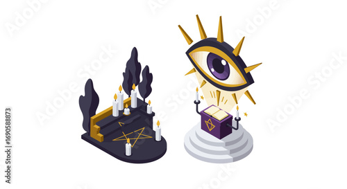 Mystical 3d isometric design with candles, pentagram, and all-seeing eye in purple and gold