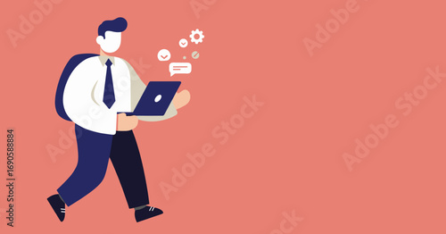 Professional businessman walking confidently, managing tasks and communication on his laptop. Represents productivity, remote work, or mobile business solutions.
