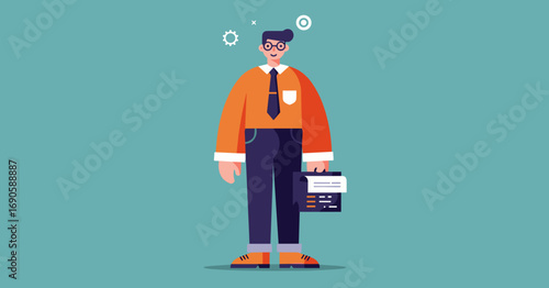 Smiling businessman in a flat illustration style, holding a document case. Represents professional services, innovation, and modern business concepts.