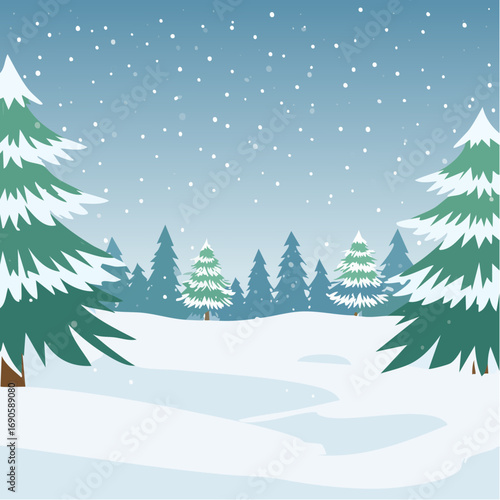 Snowy forest with snowdrifts and snow-covered spruce branches