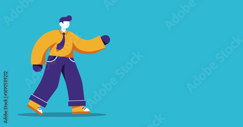 Modern stylized businessman walking confidently on a clean blue background. Ideal for concepts of progress, future, and professional journey.