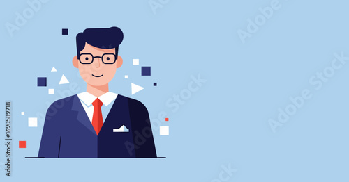 Smiling professional man in a suit and glasses, suitable for business, corporate, or financial themes. Modern illustration with copy space.