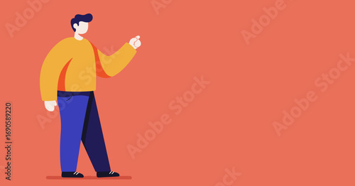 A friendly vector illustration of a man in casual attire pointing towards copy space, perfect for business concepts, guidance, and educational content.