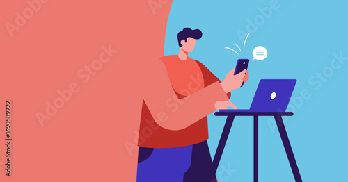 Modern man multitasking with smartphone and laptop, highlighting digital communication, online connectivity, and remote work. Ideal for technology, business, or lifestyle concepts.