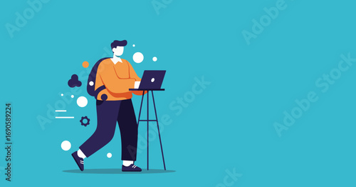 Young man with backpack working remotely on a laptop. Depicts a modern digital nomad lifestyle, productivity, technology, and flexible work concept.