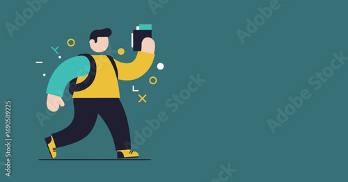 Minimalist illustration of a person with a backpack, actively exploring and capturing moments, symbolizing travel, education, or digital content creation.