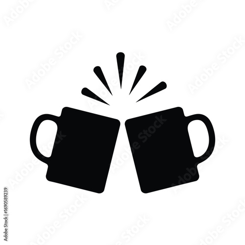 Two Black Silhouettes of Mugs Clinking Together with Sparkles toast cheers