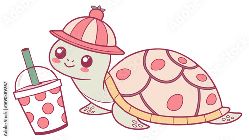 Cartoon Turtle with Strawberry Hat and Boba Drink Cute Kawaii Style