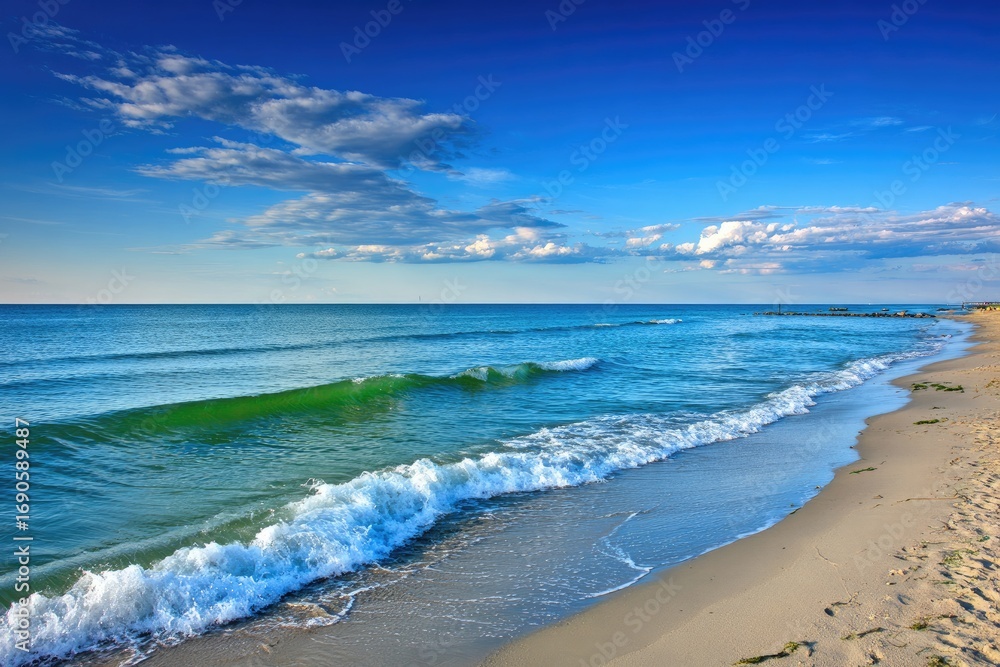 Obraz premium Tranquil beach scene at dawn or dusk. Ocean waves gently lap the shore. Light blue sky with puffy clouds