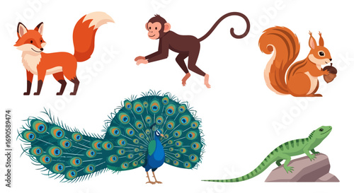 Vibrant Wildlife Collection - Fox, Monkey, Squirrel, Peacock, Lizard.