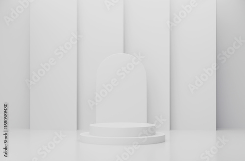 3d render of minimalist one podium showcase stage in interior room white studio and lighting for product display abstract bright background.