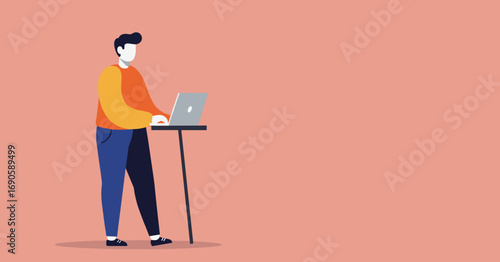 Stylized illustration of a person working remotely on a laptop, standing at a small table. Represents productivity, online learning, and modern work-life balance.
