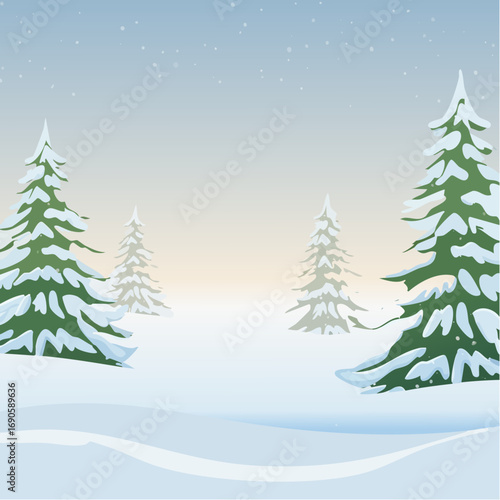Snowy forest with snowdrifts and snow-covered spruce branches