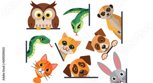 Cute cartoon animal faces peeking from corners.