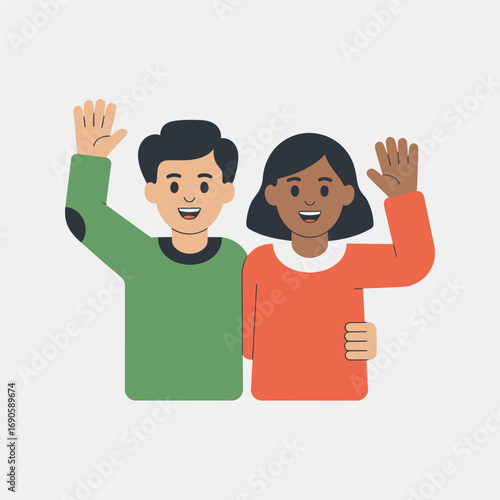 Two diverse people waving hello with smiles on white background greeting