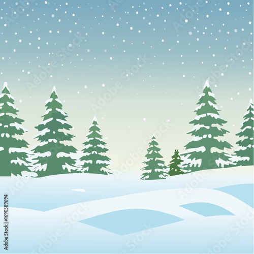 Snowy forest with snowdrifts and snow-covered spruce branches