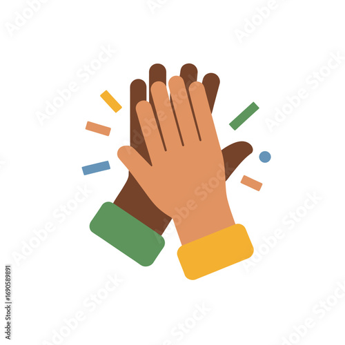Two hands giving a high five with colorful confetti on white background success celebration