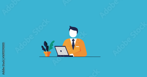 Professional man in a suit working diligently on his laptop at a minimalist desk with a plant. Ideal for business, technology, and remote work concepts.