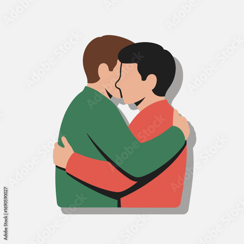 Two men embracing closely with affection and warmth on white background embrace couple