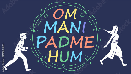 Colorful Om Mani Padme Hum with Stylized Figures in Motion
