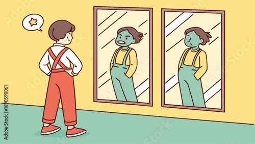 Confident Child Observing Dual Mirror Reflections Angry and Calm Selves