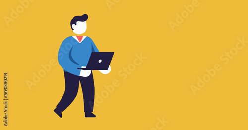 Minimalist illustration of a person walking and working on a laptop. Ideal for concepts of mobile work, productivity, technology, and digital lifestyle.