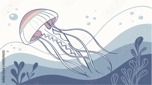 Delicate Underwater Jellyfish with Pastel Hues and Ocean Waves