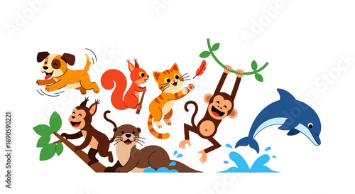 Cartoon Animals Illustration Featuring Dog, Squirrel, Cat, Monkey, Otter, Dolphin.