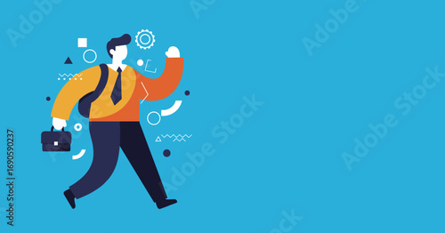 A confident businessman walks purposefully, carrying a briefcase and backpack against a vibrant blue background with geometric elements. Represents career, education, and progress.