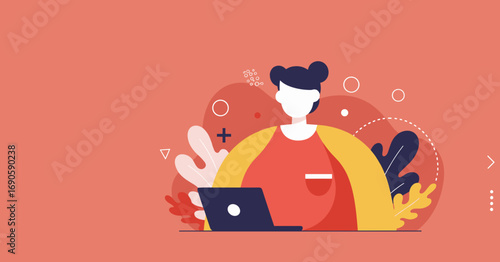 Minimalist illustration of a person working remotely on a laptop, surrounded by abstract elements, symbolizing online business, education, or freelance work.