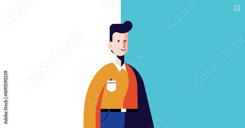 Friendly minimalist male character illustration with a confident smile against a split white and blue background, ideal for business, technology, or lifestyle concepts.