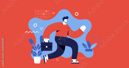 Modern illustration of a determined businessman running with a briefcase, symbolizing career ambition, urgency, professional progress, and success in a vibrant business setting.