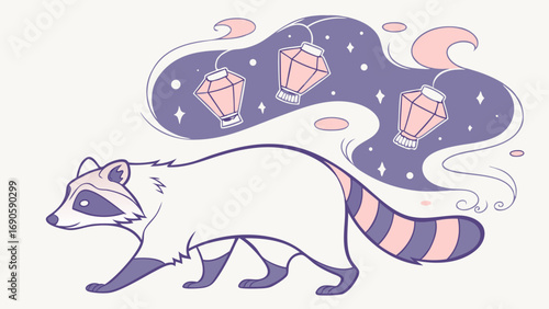 Dreamy Raccoon with Lanterns in a Starry Night Sky Illustration