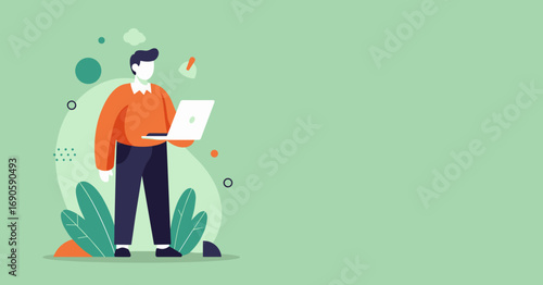 Illustrated professional working on a laptop, perfect for modern digital business, remote work, and online communication concepts.