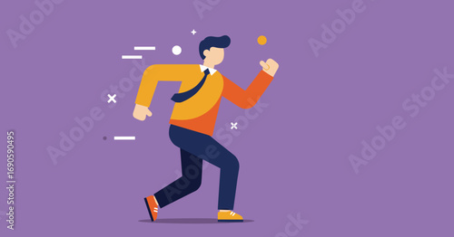 Dynamic illustration of a determined businessman moving forward with energy and purpose, symbolizing progress, success, and career achievement.