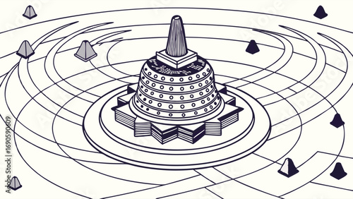 Isometric Buddhist Stupa Surrounded by Cones and Orbiting Lines Illustration