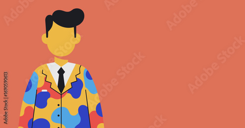Modern vector illustration of a stylized businessman wearing a colorful, abstract suit. Represents individuality and creativity in professional settings, with ample copy space.
