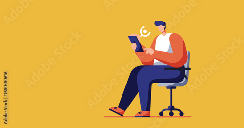 Flat design illustration of a man on an office chair using a smartphone with a notification. Ideal for concepts of digital communication, online work, and modern lifestyle.