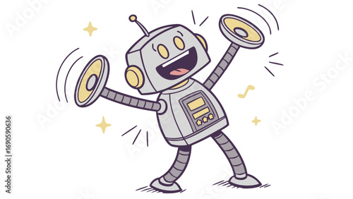 Joyful Retro Robot Dancing with Speakers Starry Background