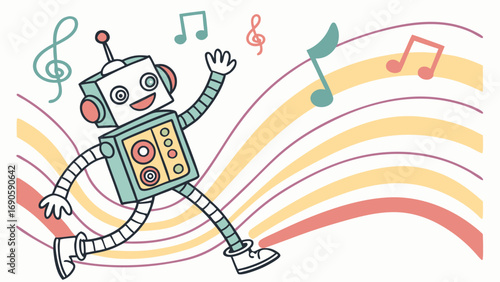 Joyful Retro Robot Dancing on Musical Rainbow Waves