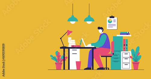 Illustration of a person working remotely on a laptop at a bright home office desk, symbolizing productivity, online business, and digital work.