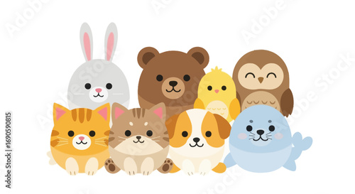 Cute cartoon animals smiling and looking at the camera.