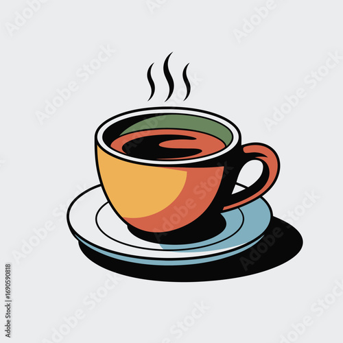 Yellow and red coffee cup with blue saucer and steam on white background image photo